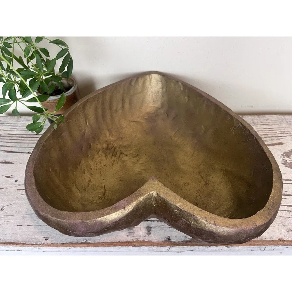 Charming Vintage Hand Carved Wooden Heart Bowl Gold Painted 13”x12”